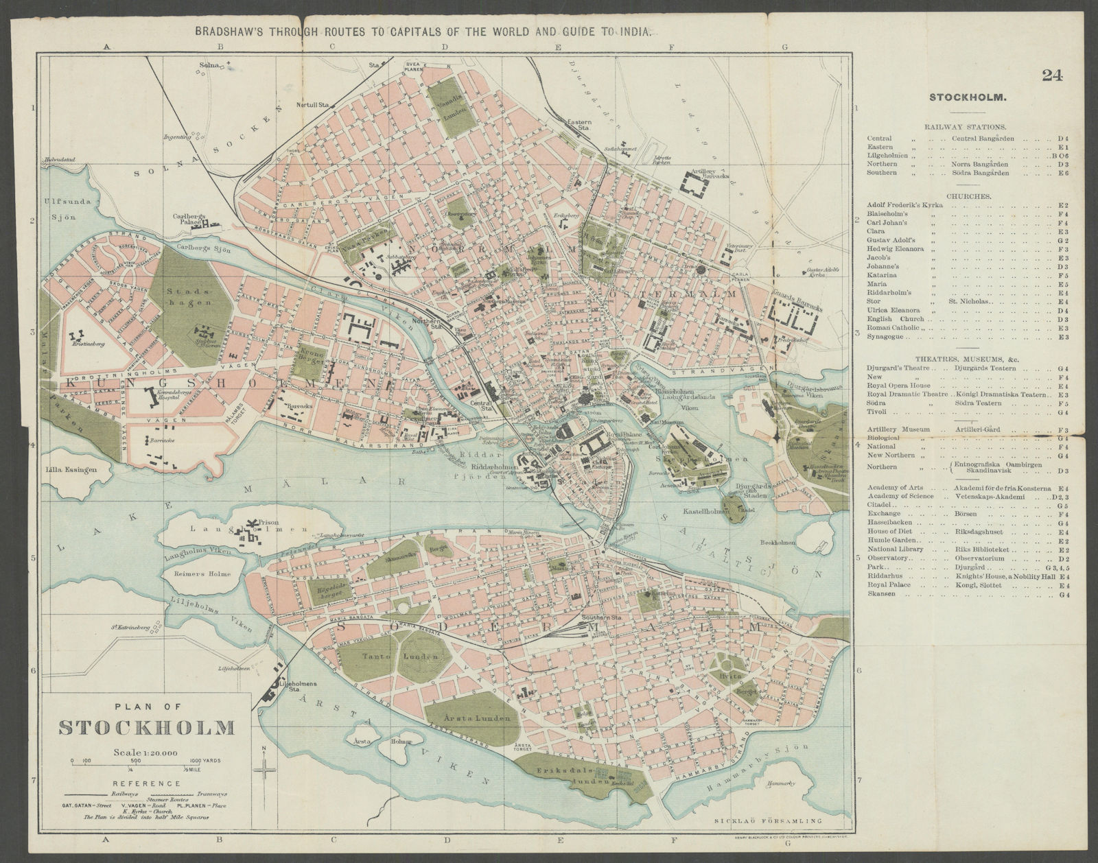 STOCKHOLM antique town plan city map. Sweden. BRADSHAW c1899 old