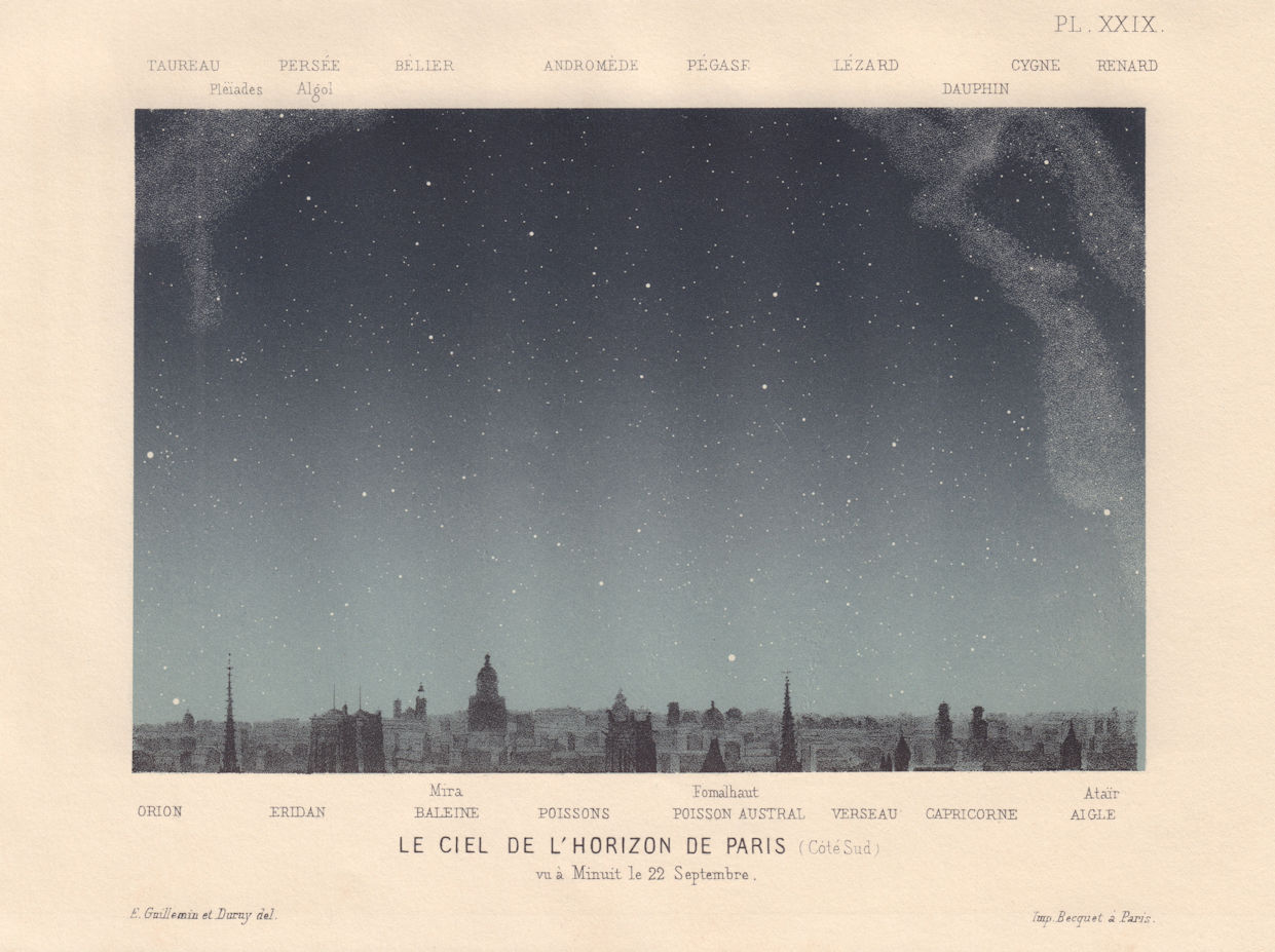 PARIS. Southern Night Sky, Midnight September 22. Autumn Equinox 1866 print