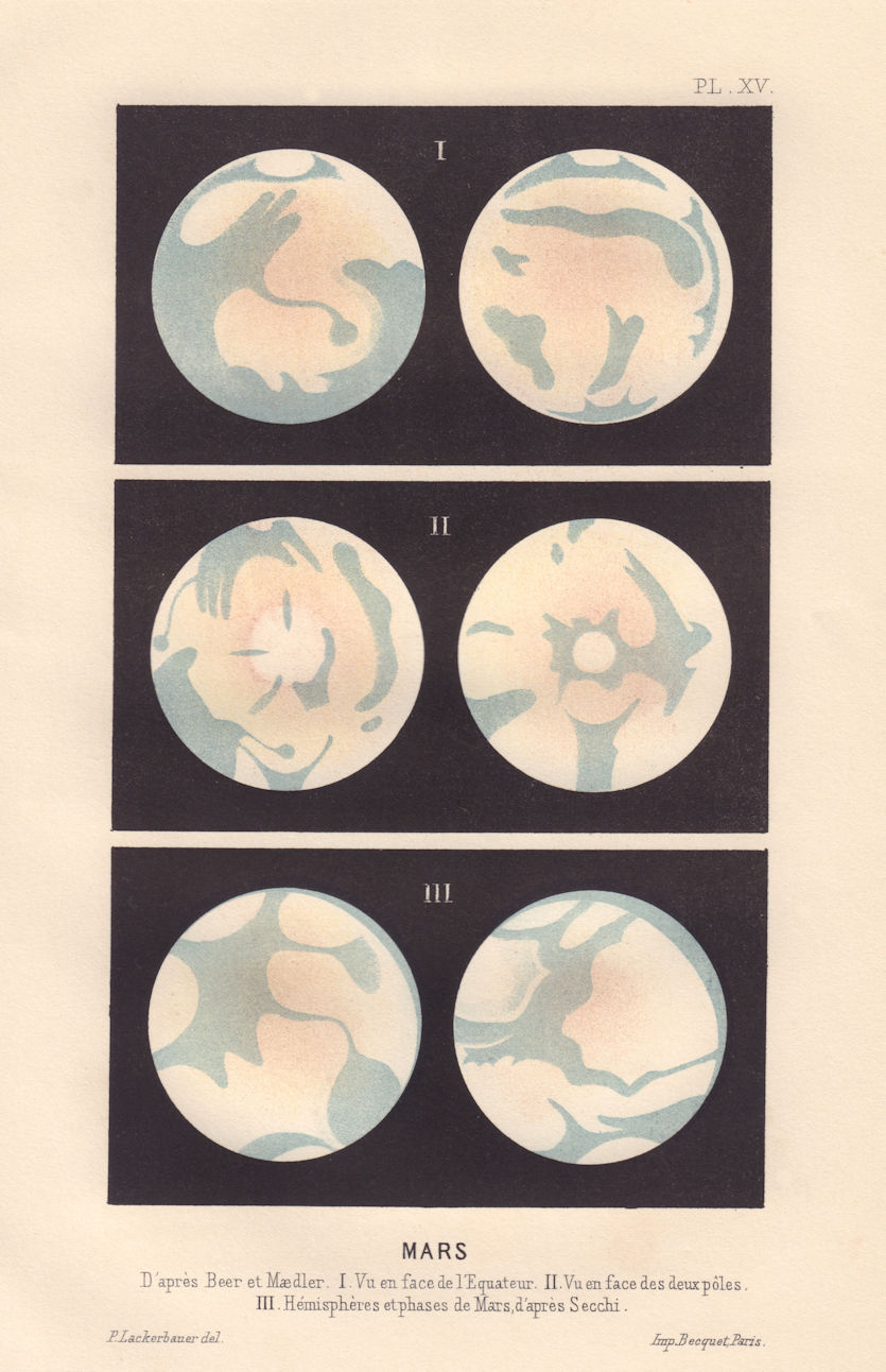 MARS. Colour lithograph. Views of equator & of the poles. Hemispheres 1866