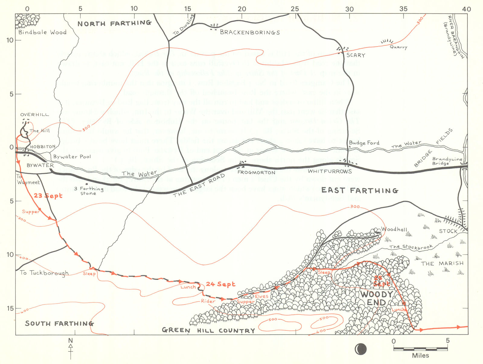 MIDDLE-EARTH Hobbiton-Brandywine Bridge. Frodo route. TOLKIEN/STRACHEY 1981 map