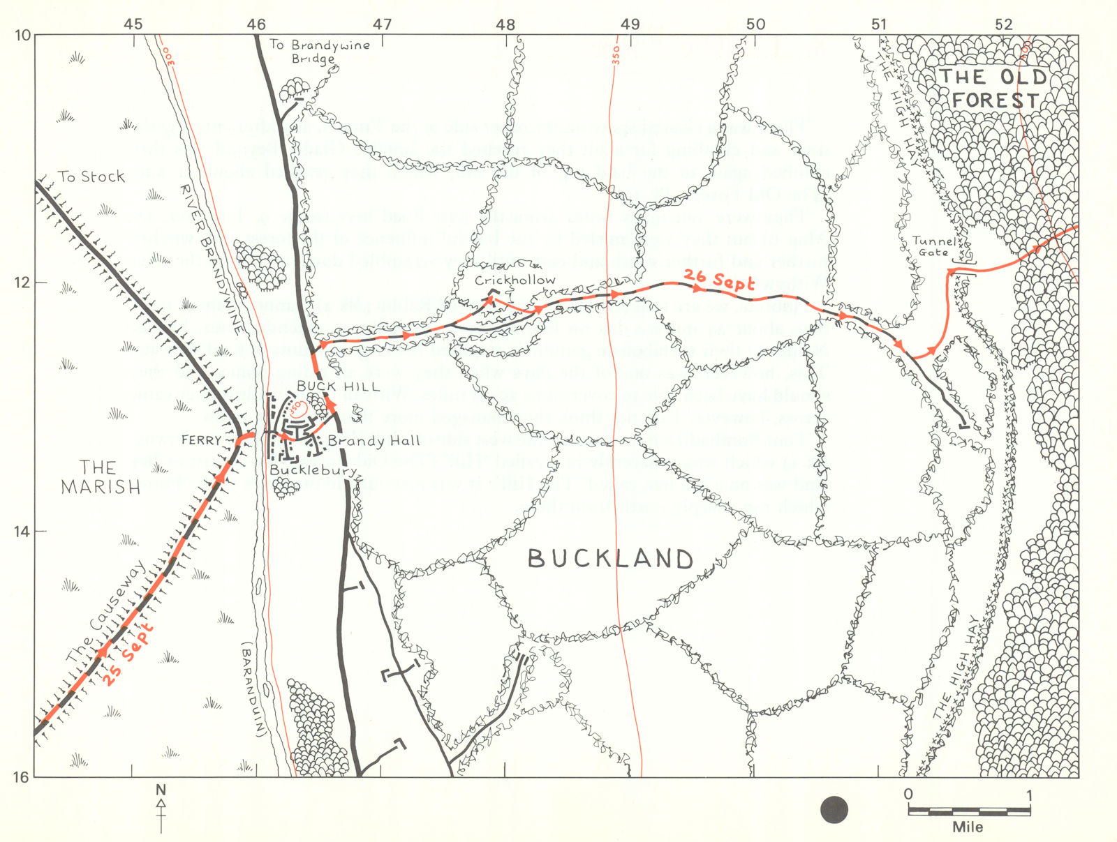 MIDDLE-EARTH Bucklebury & the Hedge. Frodo's route. TOLKIEN/STRACHEY 1981 map