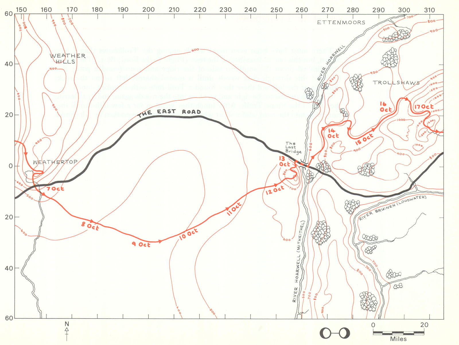 MIDDLE-EARTH Weathertop & Trollshaws. Frodo's route. TOLKIEN/STRACHEY 1981 map