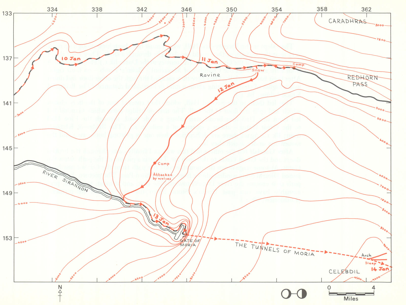MIDDLE-EARTH Redhorn Gate Pass & Moria. Frodo's route. TOLKIEN/STRACHEY 1981 map