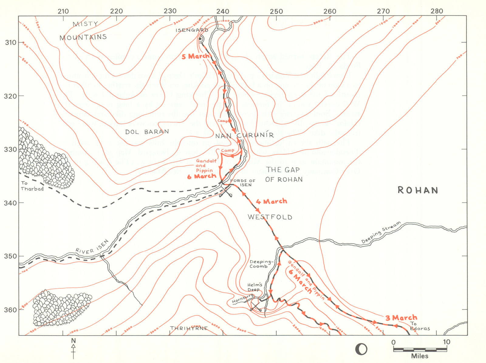 MIDDLE-EARTH Nan Curunir Deeping-coomb. Frodo's route. TOLKIEN/STRACHEY 1981 map