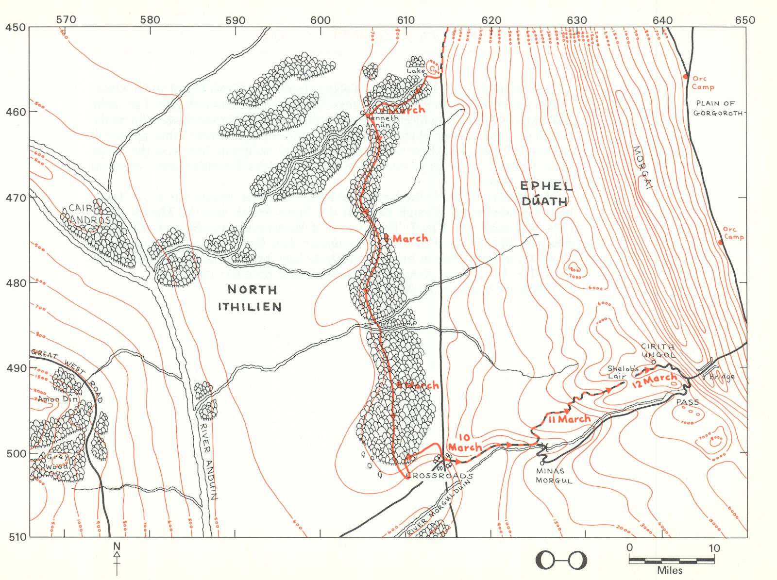 MIDDLE-EARTH Ithilien & Vale of Morgul. Frodo's route. TOLKIEN/STRACHEY 1981 map