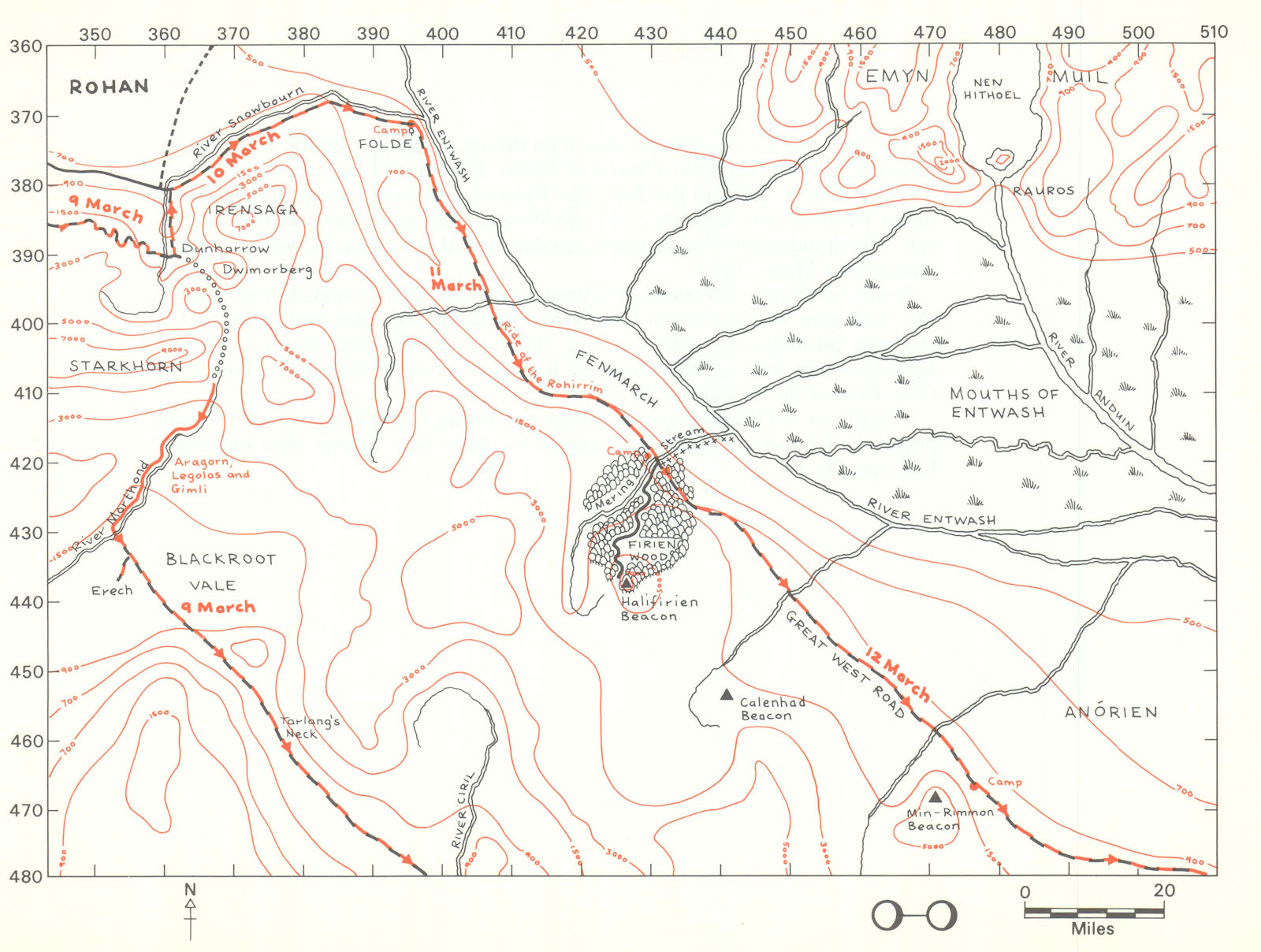 MIDDLE-EARTH The Ride of the Rohirrim. Frodo's route. TOLKIEN/STRACHEY 1981 map