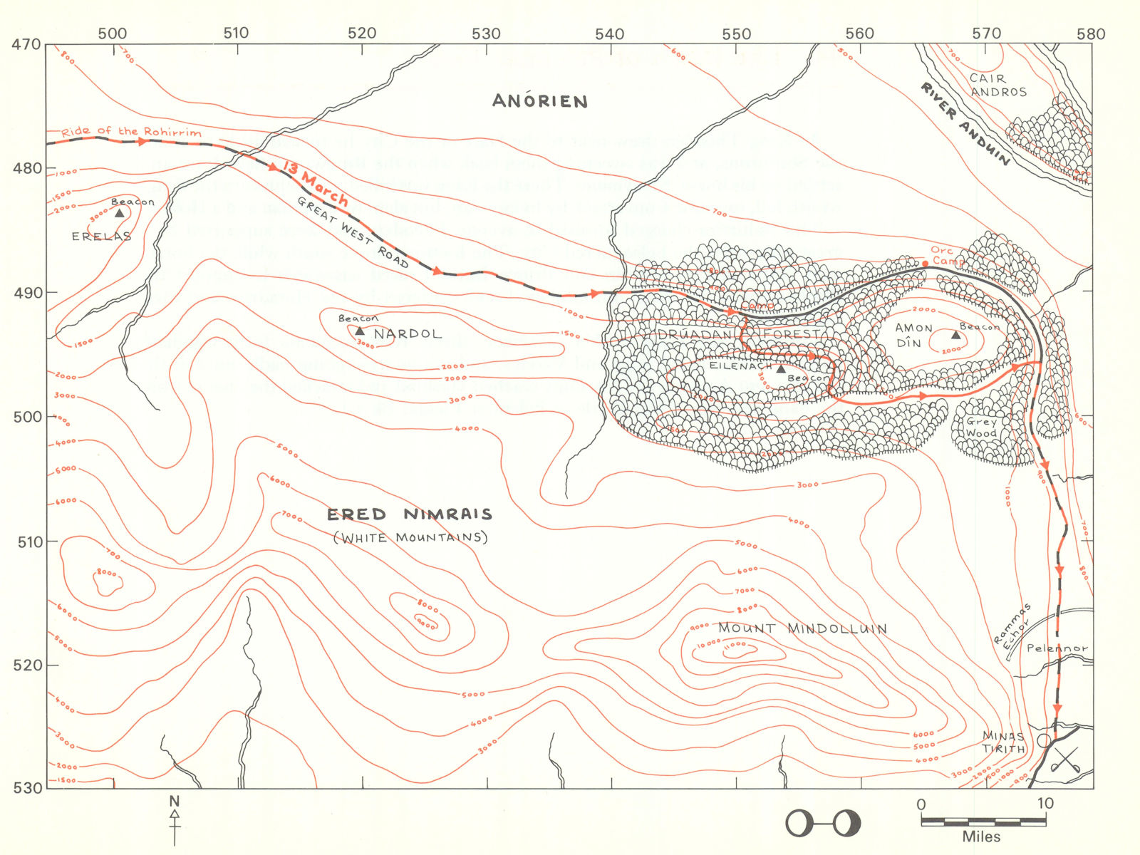 MIDDLE-EARTH Druadan Forest. Frodo's route. TOLKIEN/STRACHEY 1981 old map