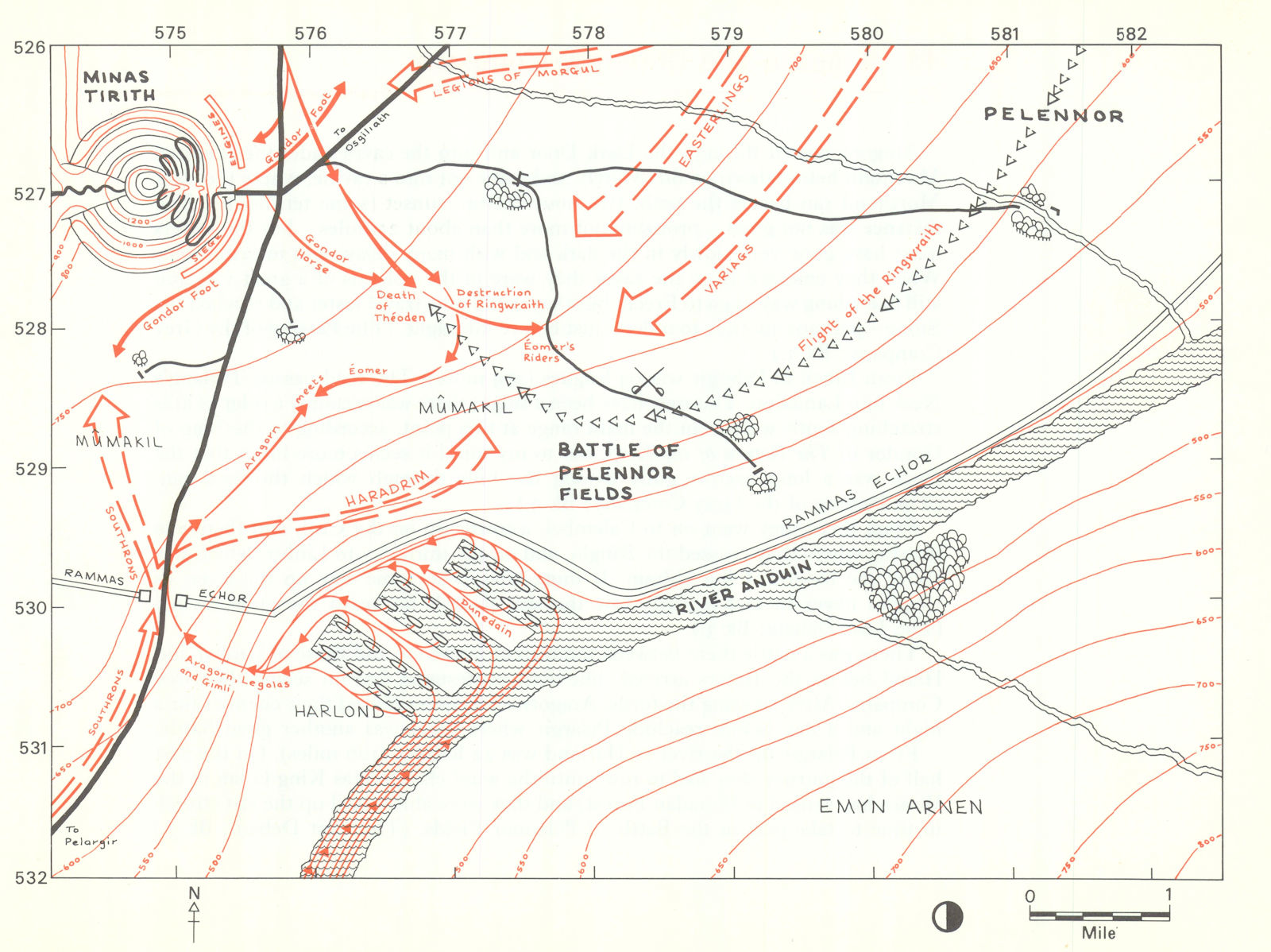 MIDDLE-EARTH Battle of Pelennor Fields. Frodo's route. TOLKIEN/STRACHEY 1981 map