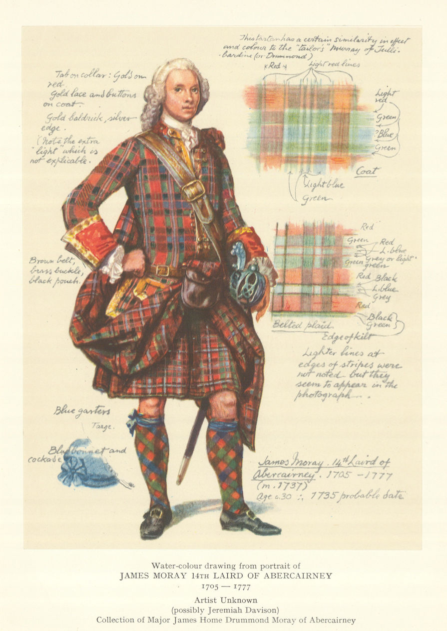 James Moray 14th Laird of Abercairney 1705-1777. Tartan 1950 old vintage print