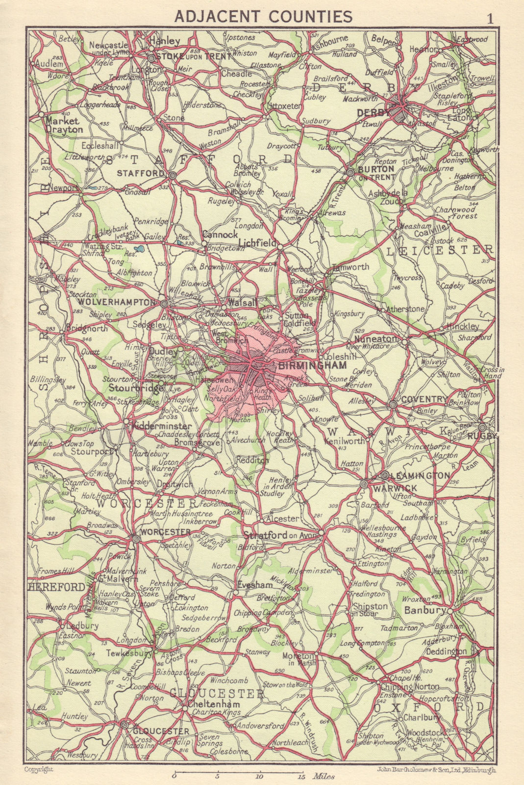 BIRMINGHAM Adjacent Counties. West Midlands. Derby Gloucester 1954 old map