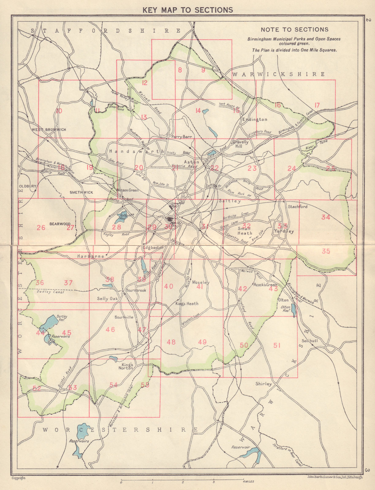 BIRMINGHAM. Key map to sections 1954 old vintage plan chart