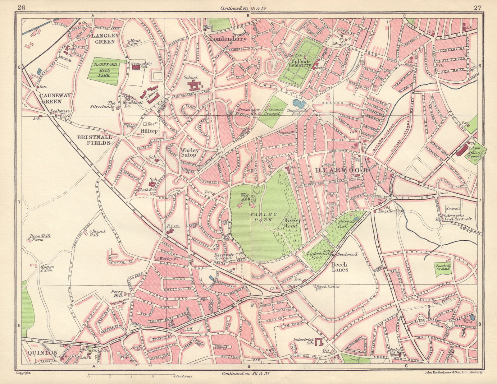 BIRMINGHAM WEST Langley Green Bristnall Fields Bearwood Edgbaston 1954 old map