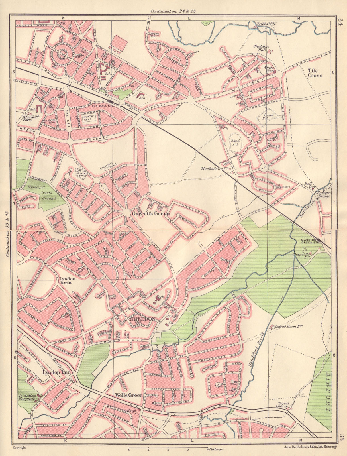 BIRMINGHAM EAST Lea Hall Sheldon Lyndon End Garrett's Green Stechford 1954 map