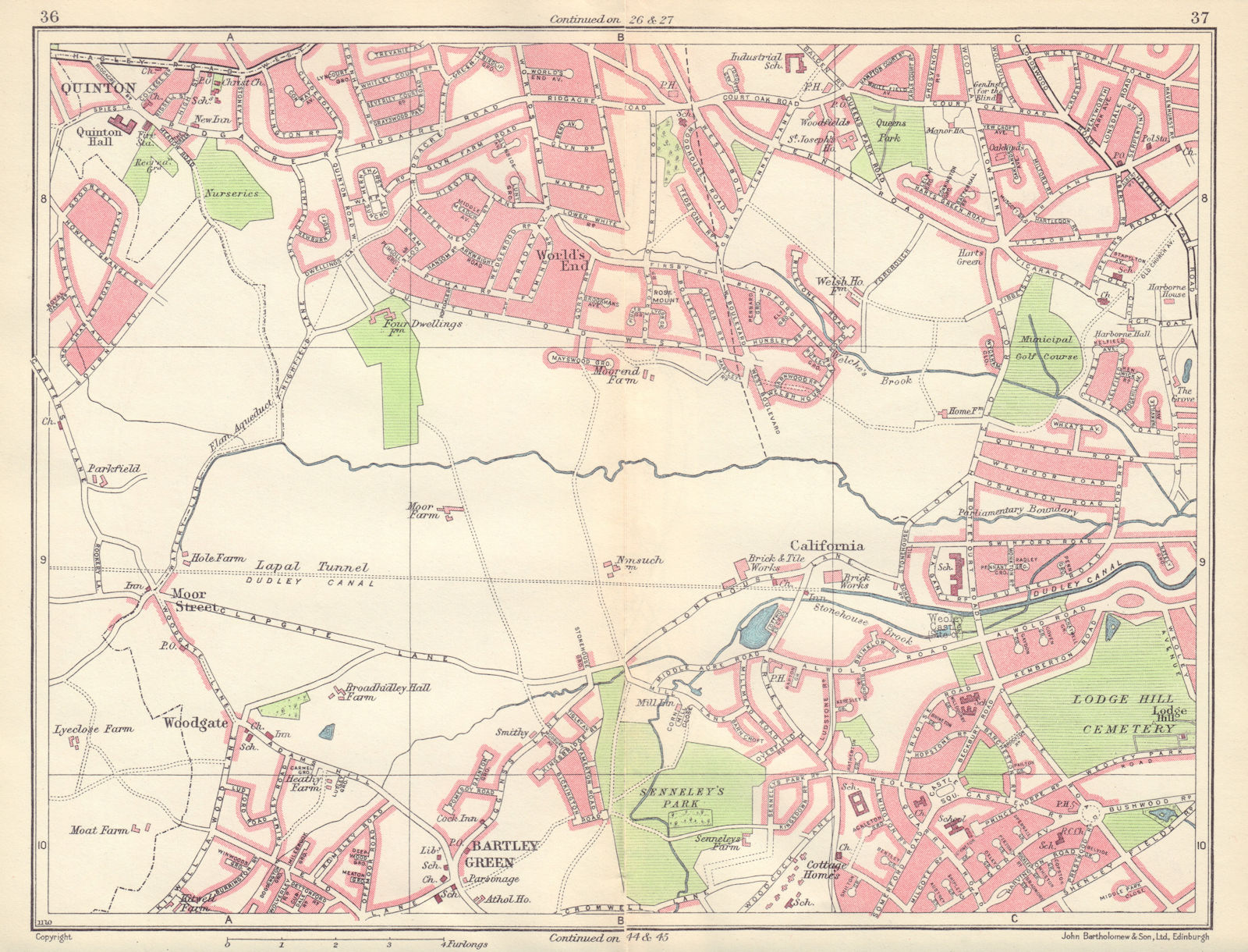 BIRMINGHAM SOUTH WEST Quinton World's End Bartley Green Harborne Weoley 1954 map