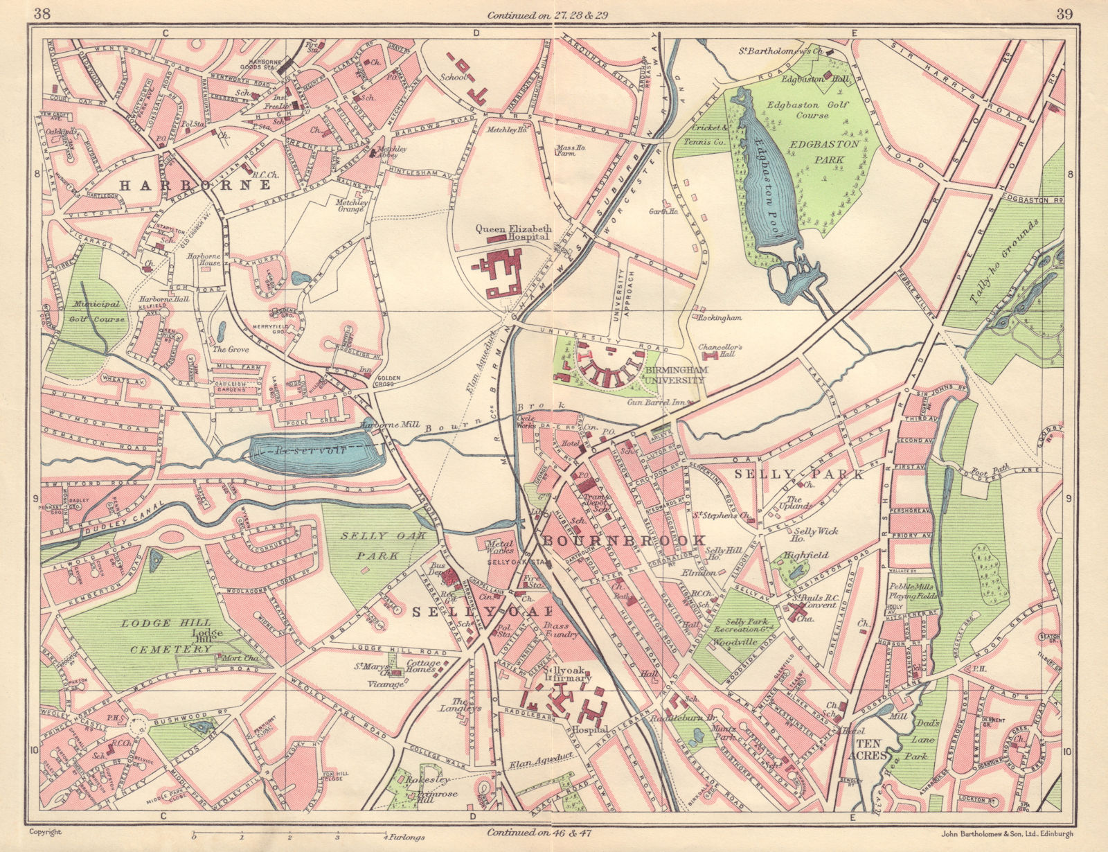 BIRMINGHAM SOUTH WEST Harborne Selly Oak/Park Bournbrook Edgbaston 1954 map