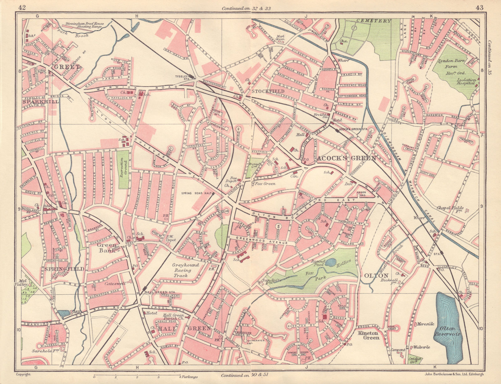 BIRMINGHAM SOUTH EAST Greet Springfield Olton Hall/Acock's Green 1954 old map