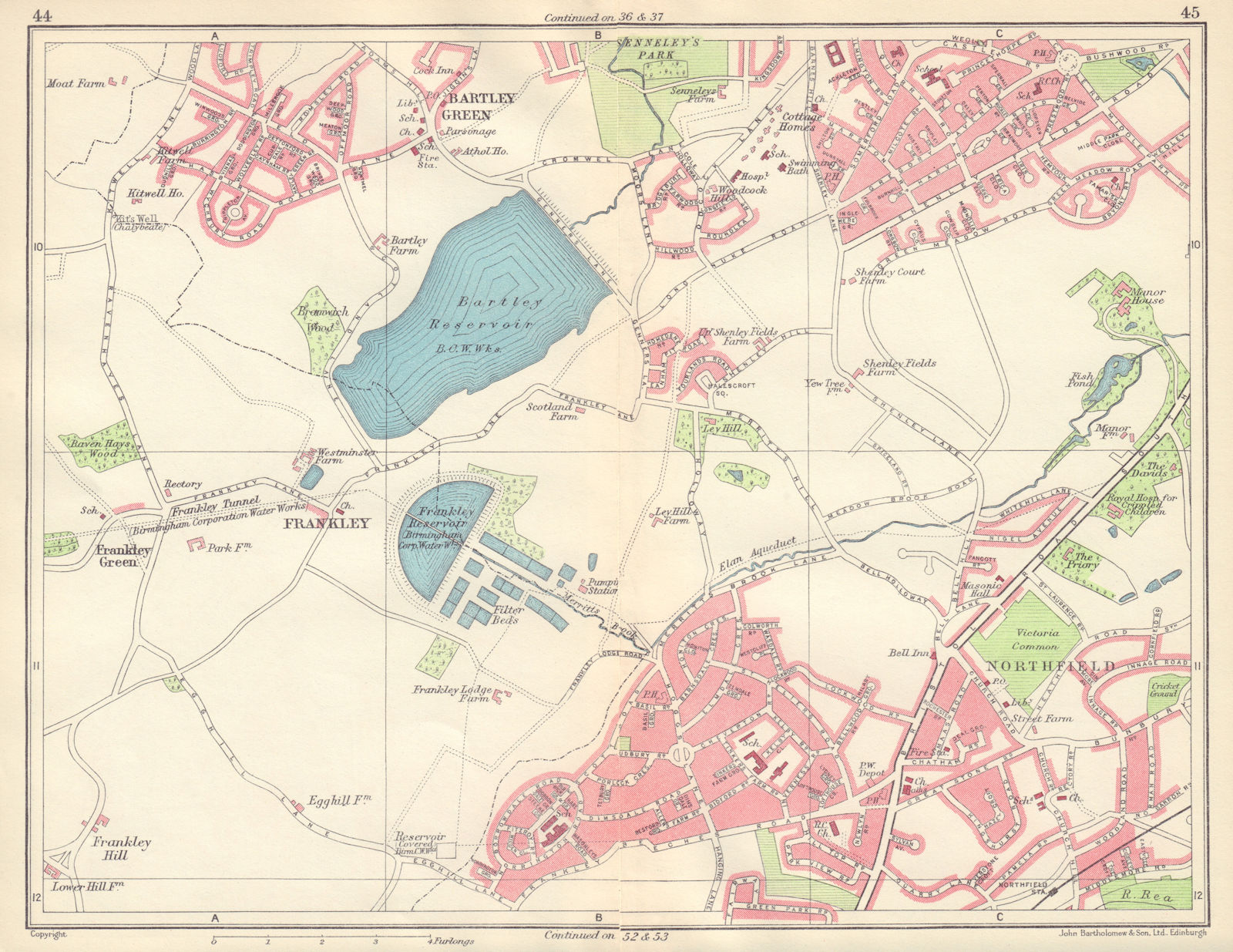 BIRMINGHAM SOUTH WEST Frankley Bartley Green Northfield Weoley 1954 old map