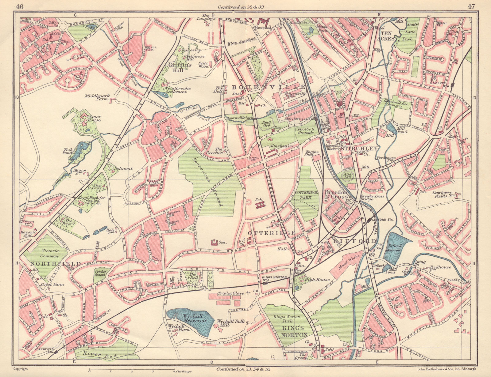 Associate Product BIRMINGHAM SOUTH WEST Bournville Northfield King's Norton Lifford 1954 old map