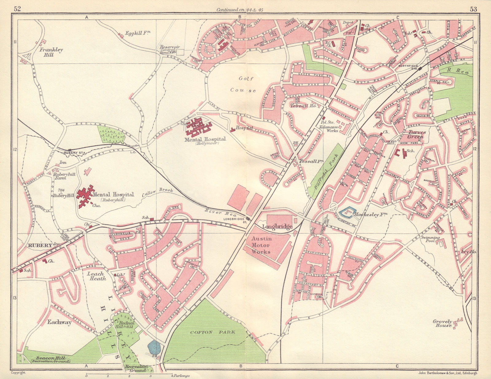 BIRMINGHAM SOUTH WEST Rubery Longbridge Northfield Austin Lickey Hills 1954 map