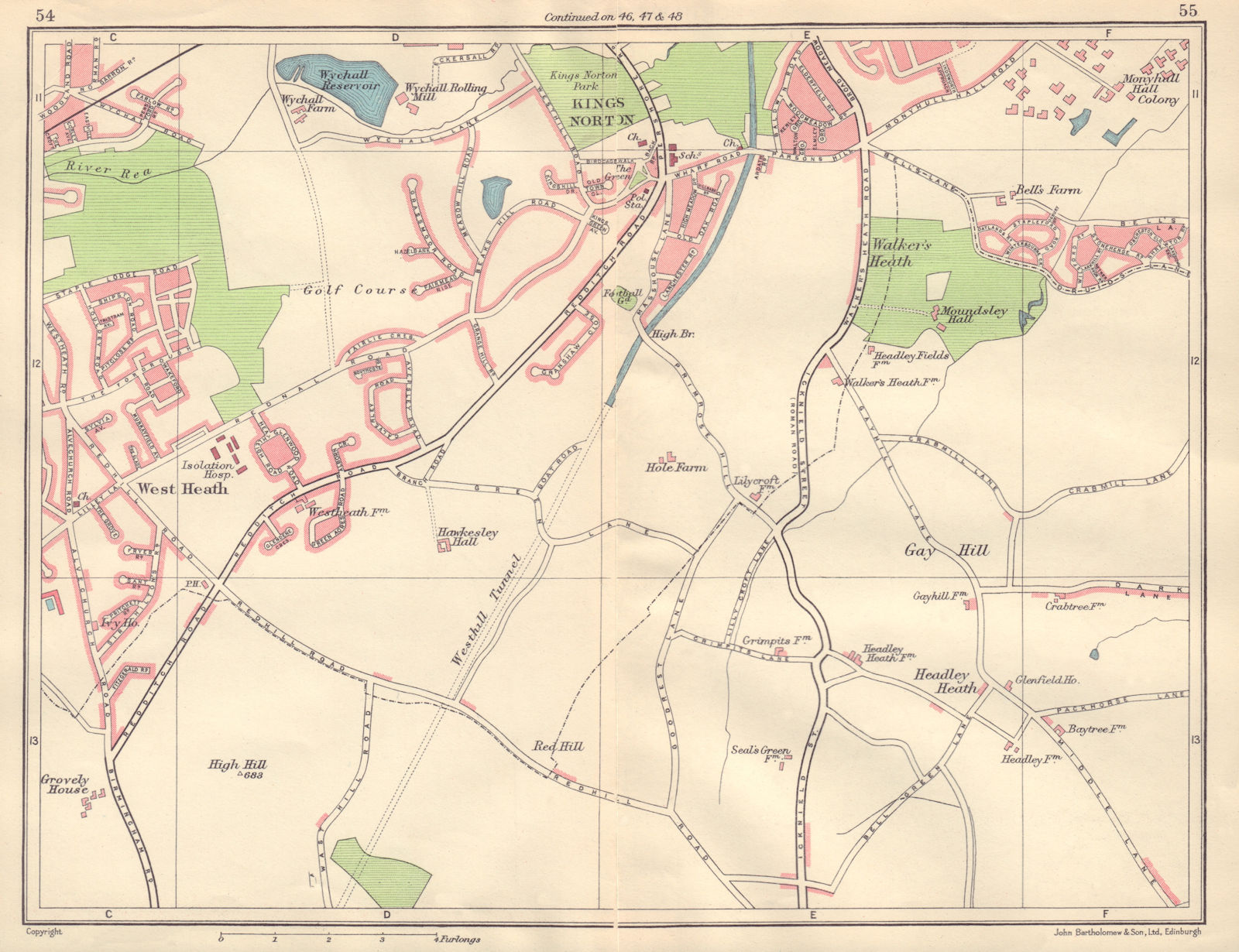 Associate Product BIRMINGHAM SOUTH WEST West/Walker's Heath King's Norton Northfield 1954 map