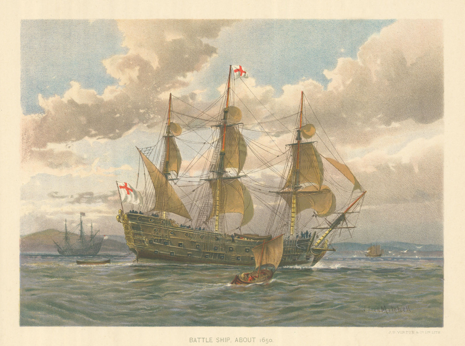 Battle Ship about 1650 by W.F. Mitchell. Royal Navy 1893 old antique print
