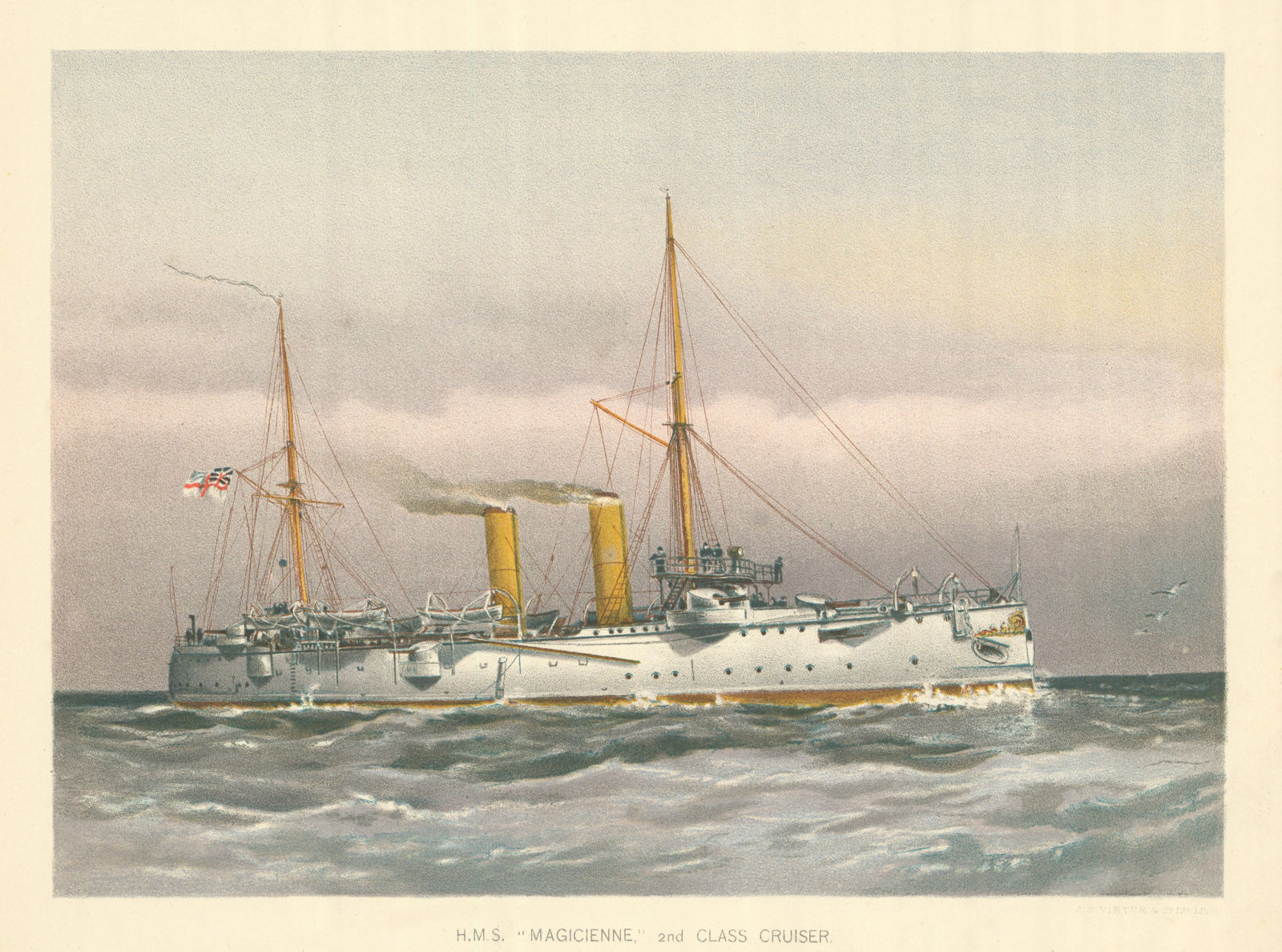 H.M.S. "Magicienne" - 2nd class cruiser (1888) by W.F. Mitchell. Royal Navy 1893