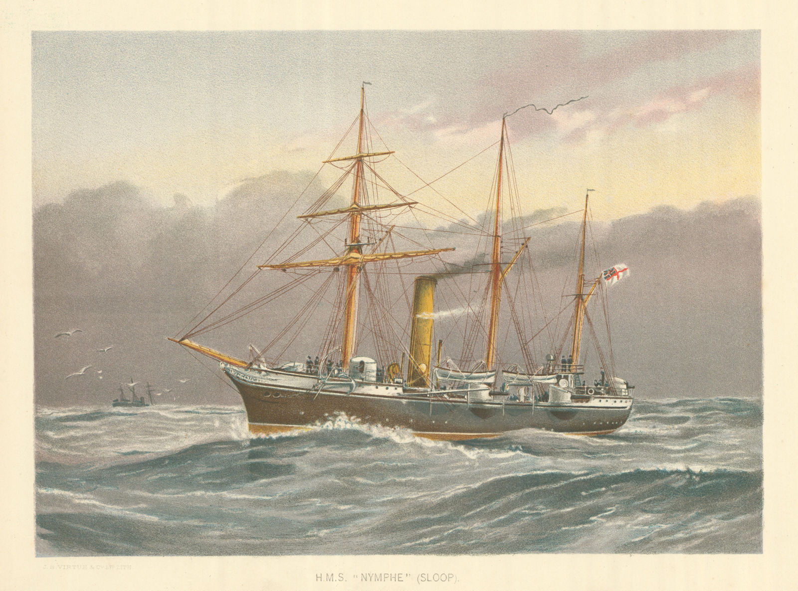 H.M.S. "Nymphe" (sloop) (1888) by W.F. Mitchell. Royal Navy 1893 old print
