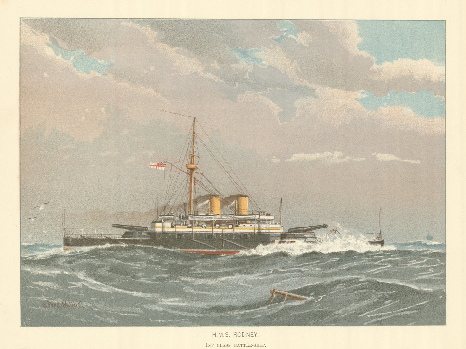 H.M.S. "Rodney" - 1st class battleship (1884) by W.F. Mitchell. Royal Navy 1893