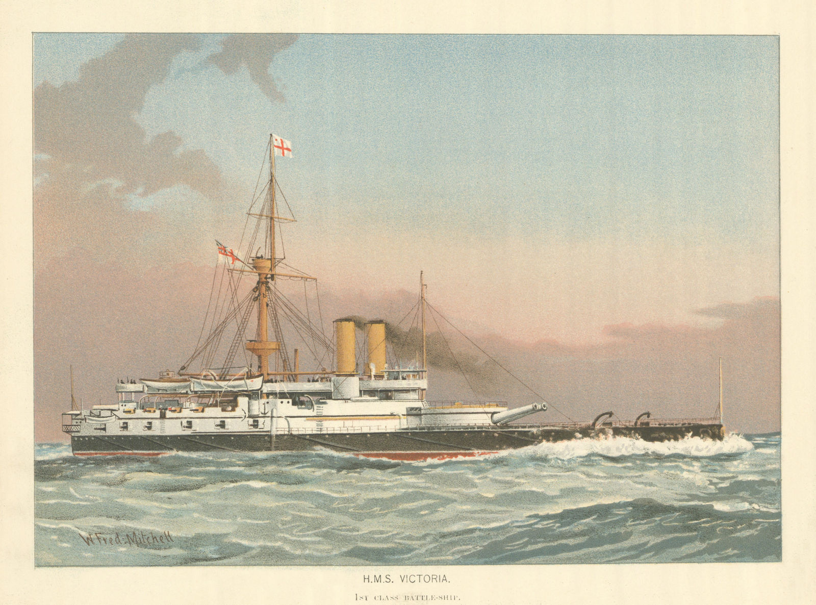 H.M.S. "Victoria", 1st class battleship (1887) by W.F. Mitchell. Royal Navy 1893