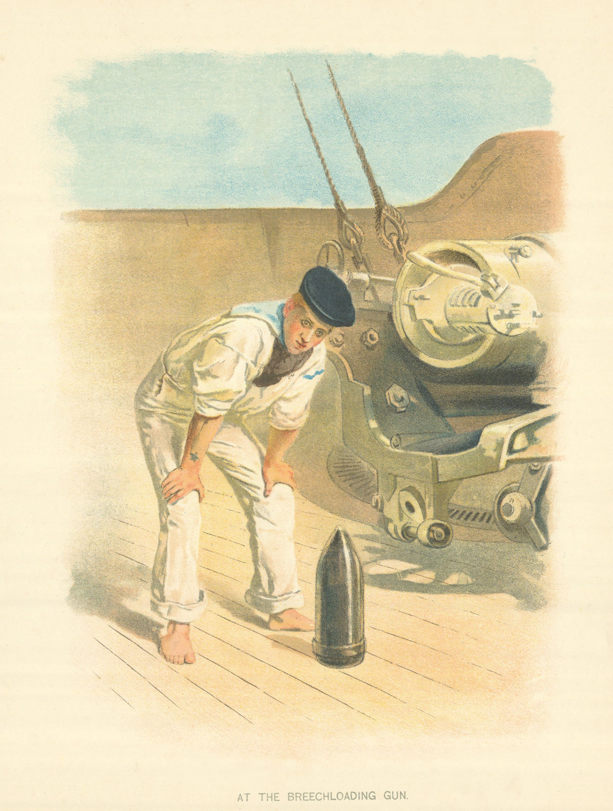 At the breechloading gun by W.C. Symons. Royal Navy 1893 old antique print