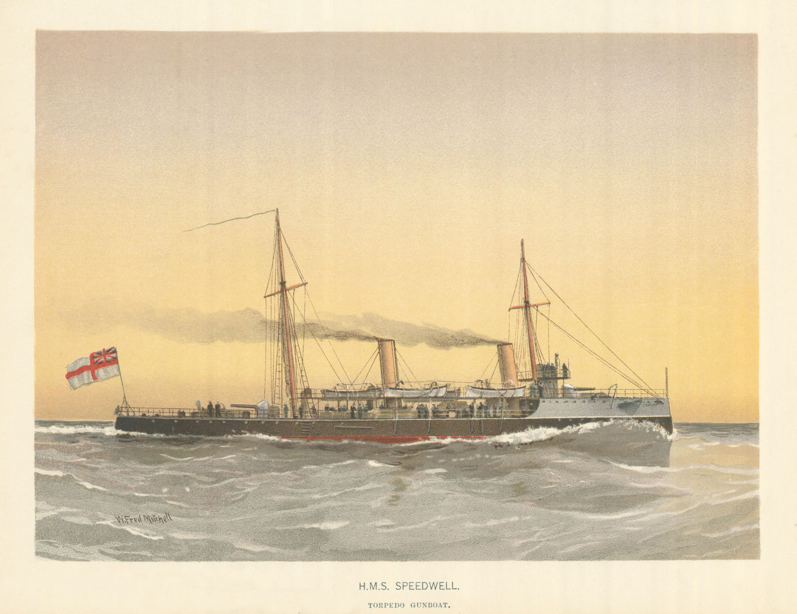 H.M.S. "Speedwell" - torpedo gunboat (1889) by W.F. Mitchell. Royal Navy 1893