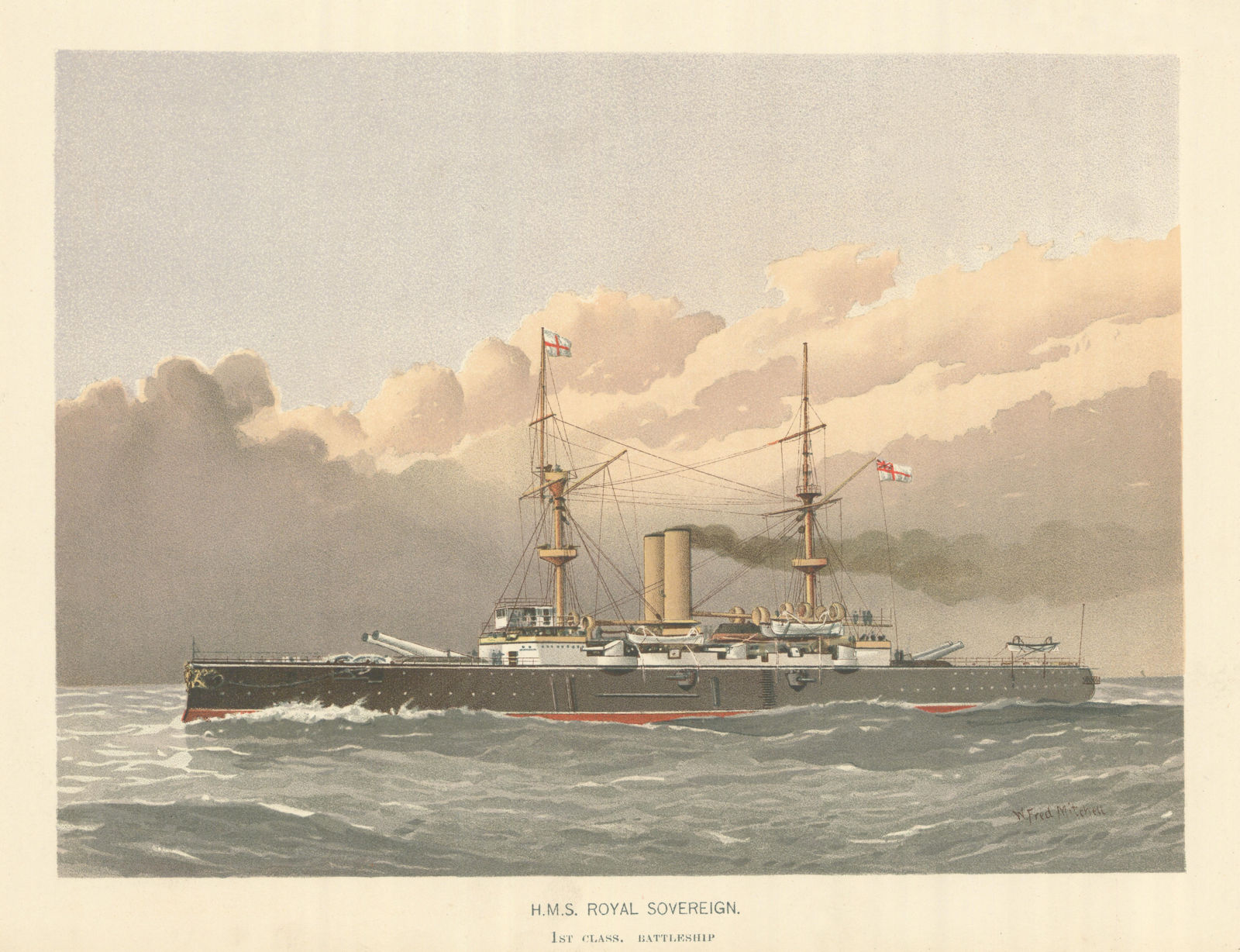 HMS Royal Sovereign, 1st class battleship (1893) by WF Mitchell. Royal Navy 1893
