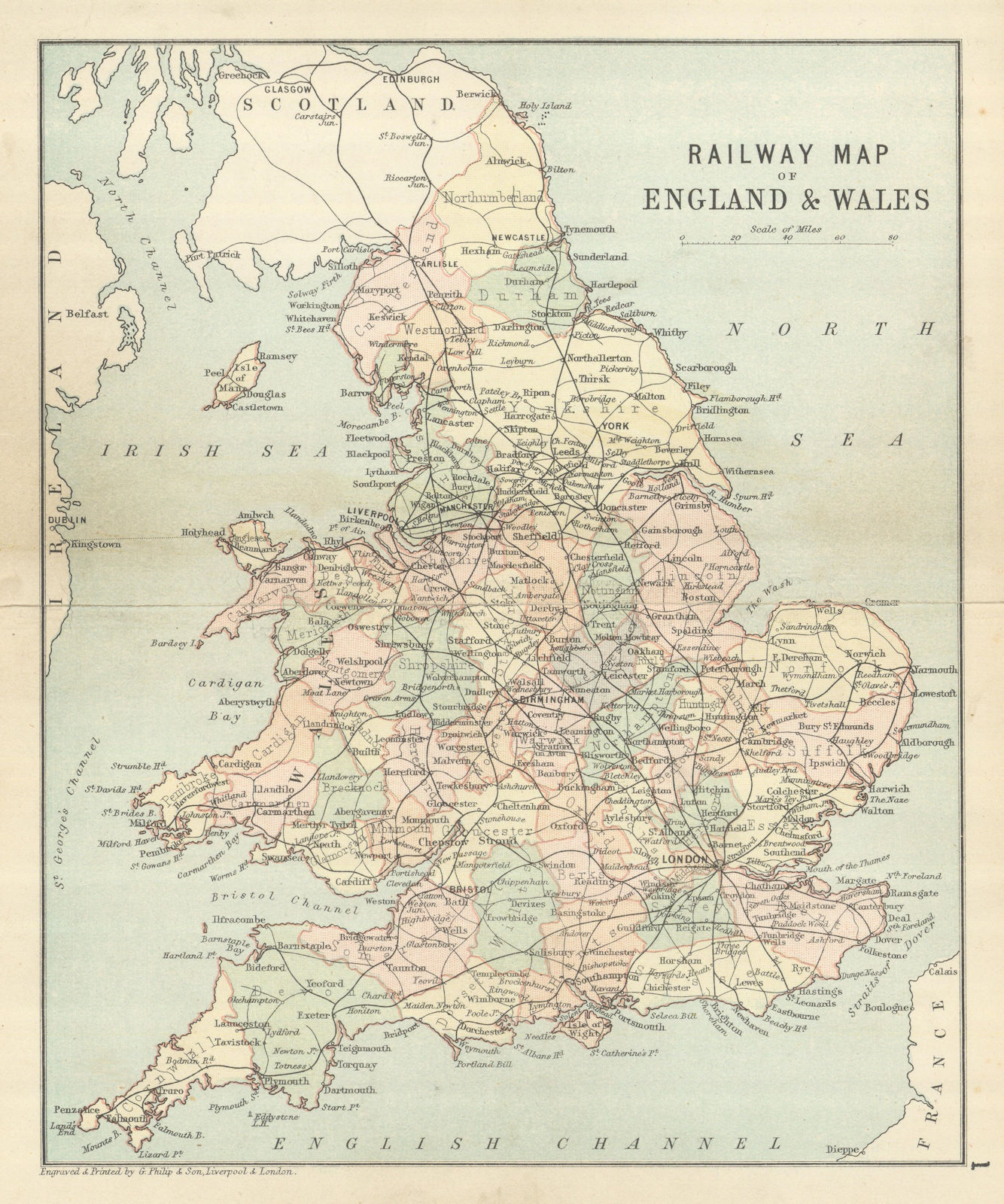 GREAT BRITAIN RAILWAYS. Railway map of England & Wales. PHILIP 1889 old