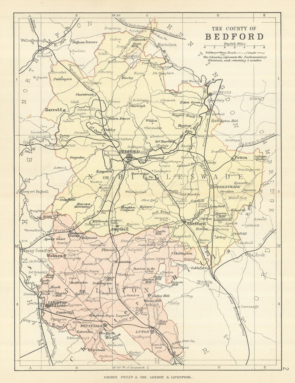BEDFORDSHIRE. Antique county map. Railways roads canals. PHILIP 1889 old