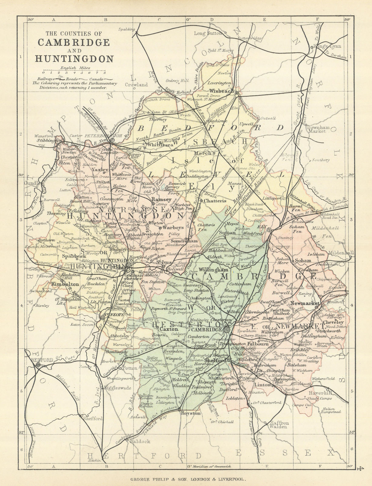 CAMBRIDGESHIRE & HUNTINGDONSHIRE. Antique county map. Railways. PHILIP 1889