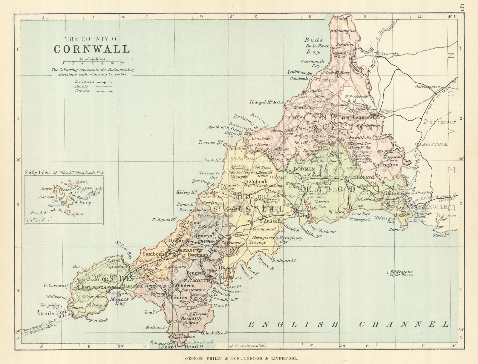 CORNWALL. Antique county map. Railways roads canals. Constituencies. PHILIP 1889