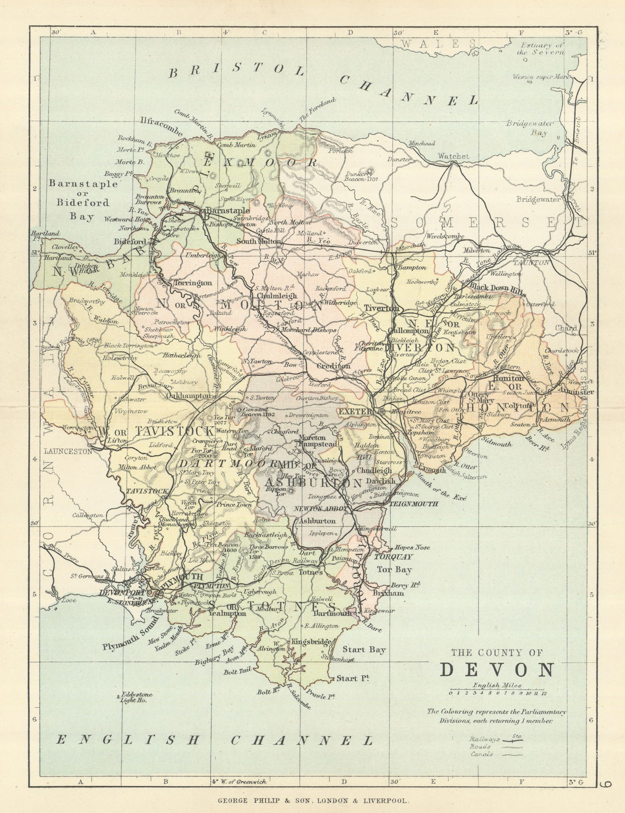 DEVONSHIRE. Antique county map. Railways canals. Constituencies. PHILIP 1889