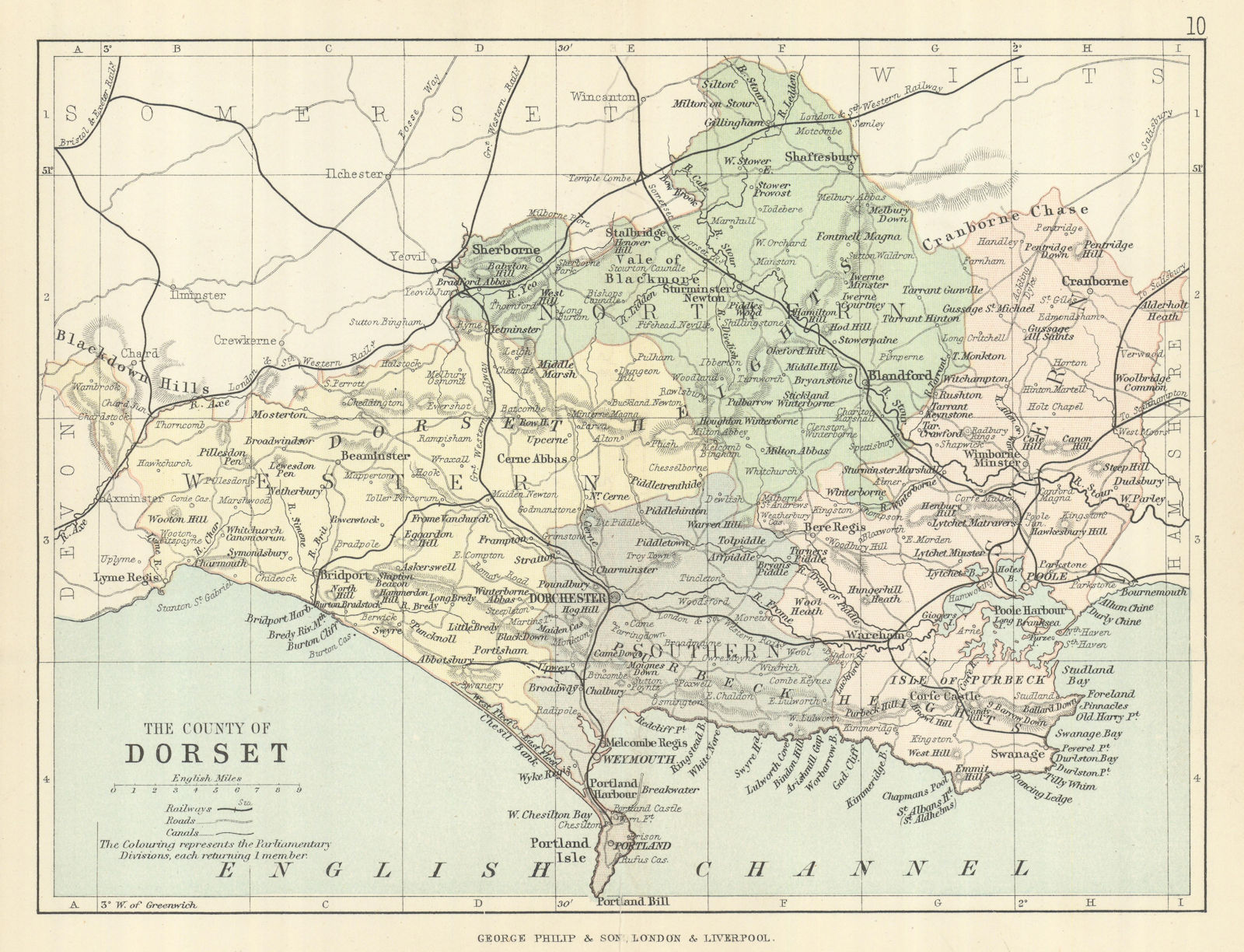 DORSET. Antique county map. Railways roads canals. PHILIP 1889 old