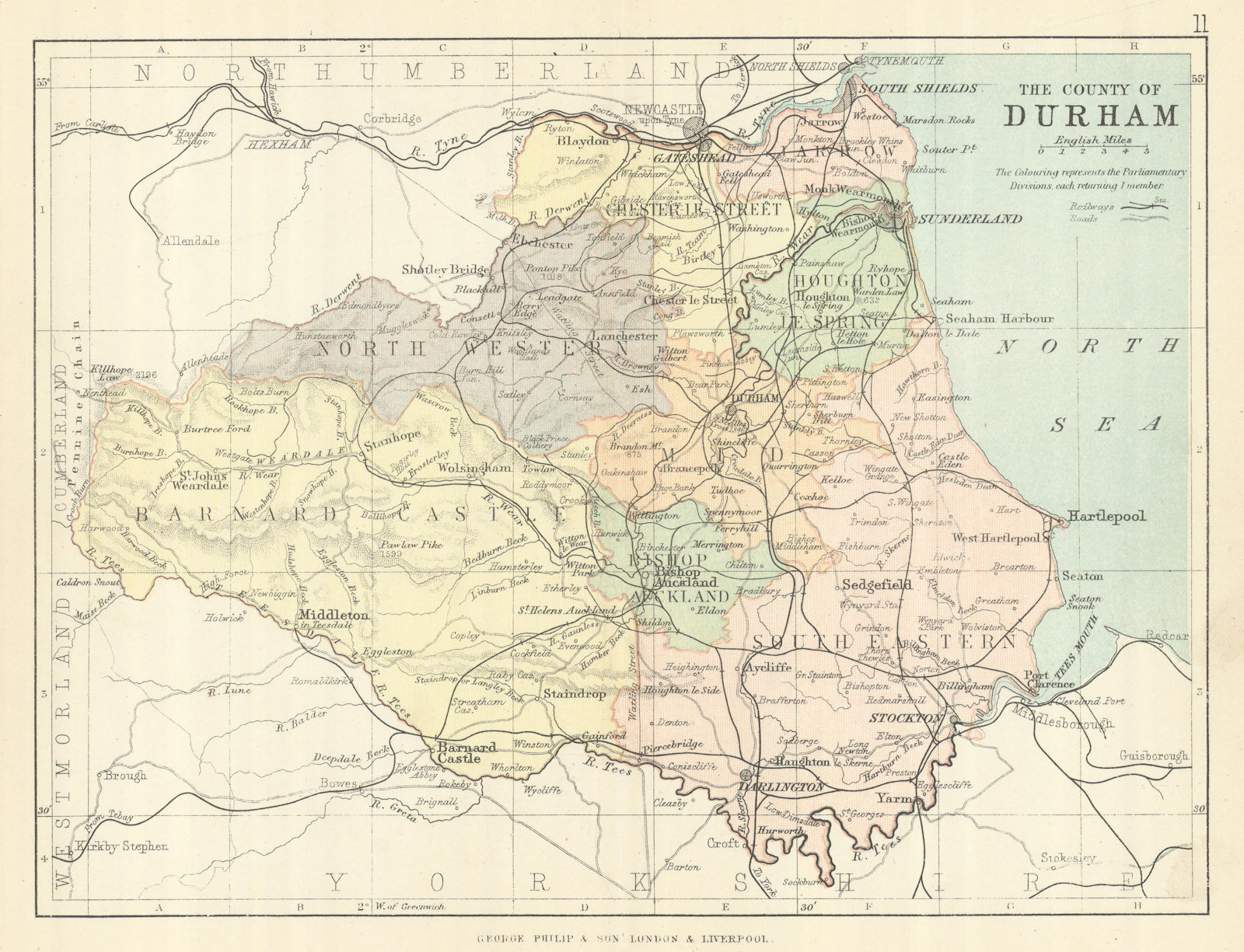 COUNTY DURHAM. Antique map. Railways roads. Constituencies. PHILIP 1889