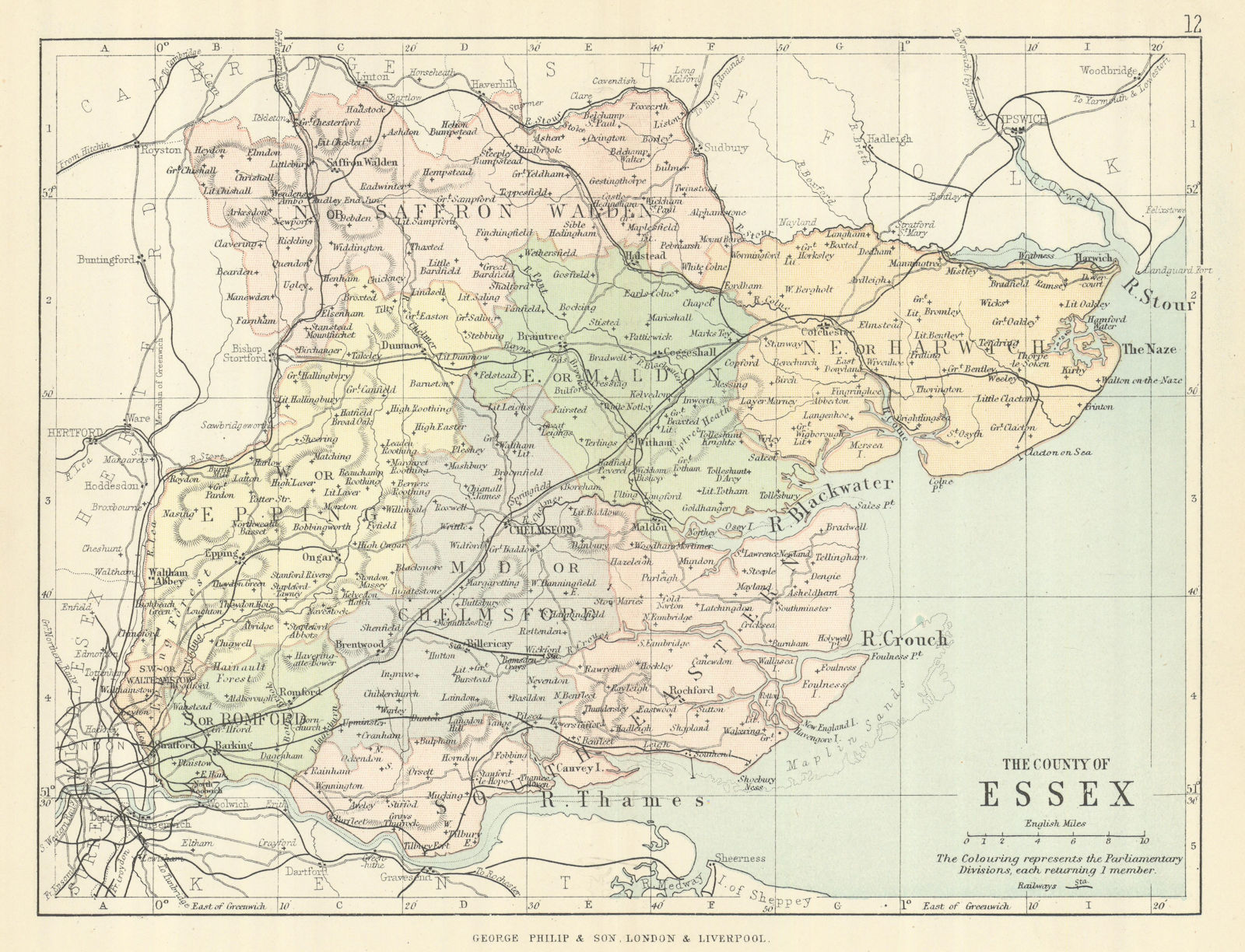 ESSEX. Antique county map. Railways. Constituencies. PHILIP 1889 old