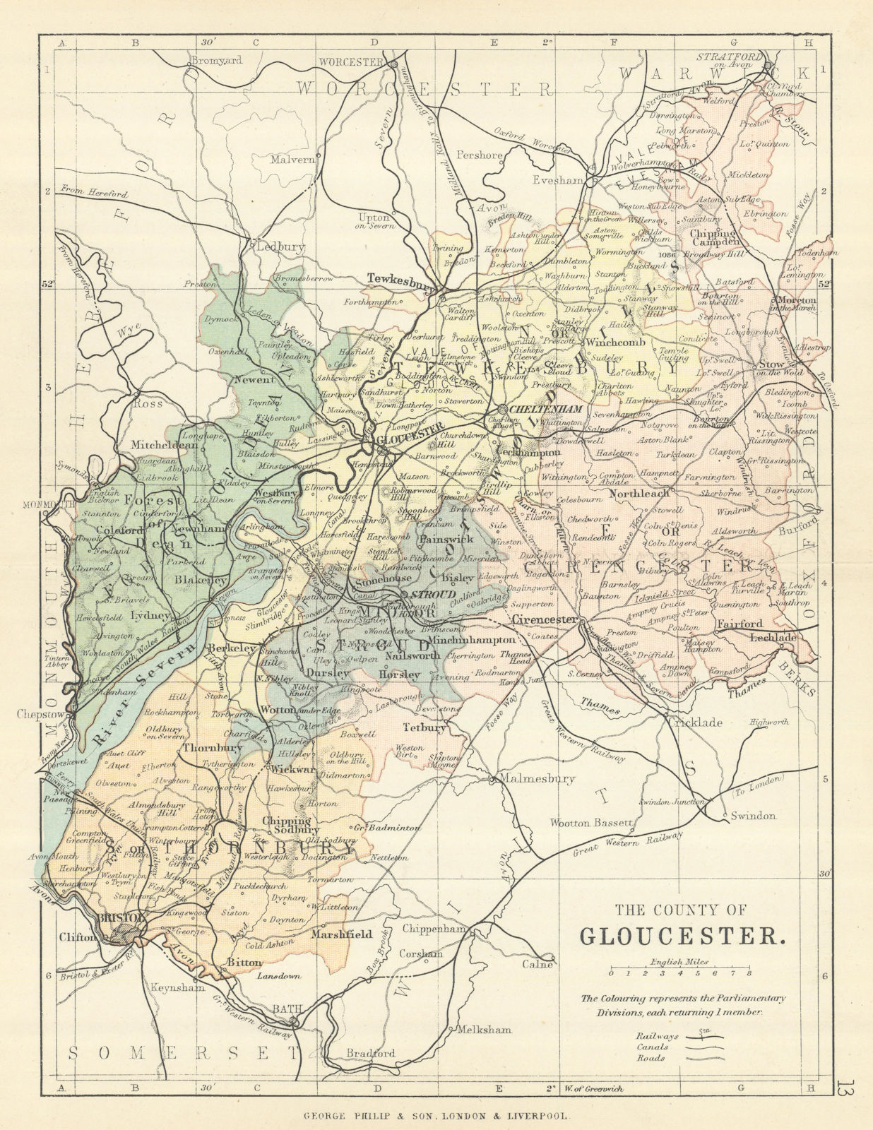 Associate Product GLOUCESTERSHIRE. County map. Railways canals. Constituencies. PHILIP 1889