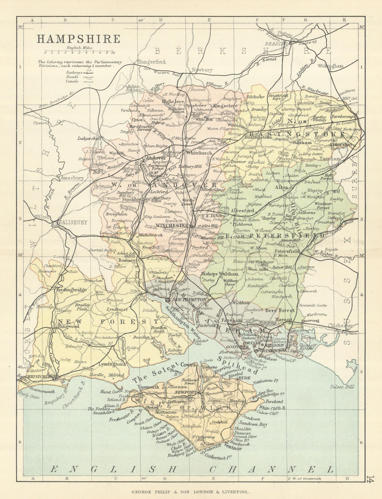 HAMPSHIRE. Antique county map. Railways roads canals constituencies. PHILIP 1889