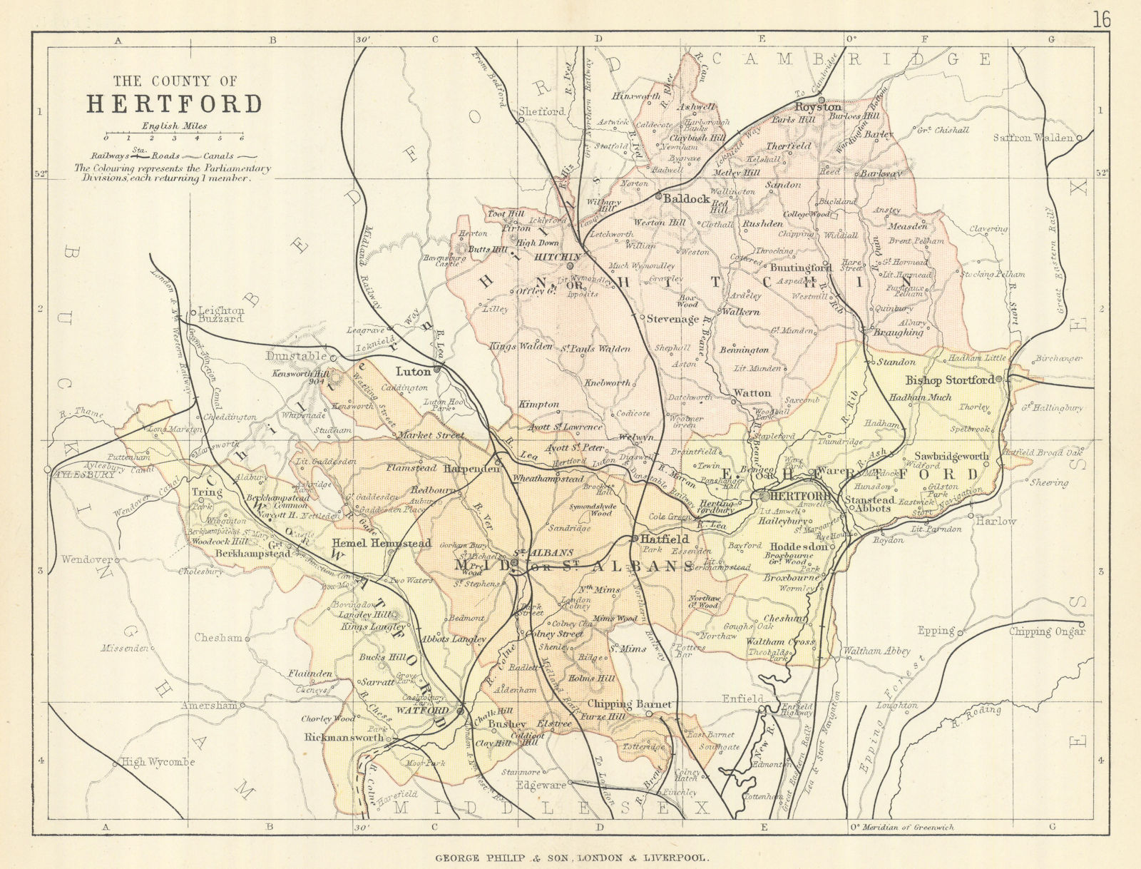 HERTFORDSHIRE. Antique county map. Railways roads canals. PHILIP 1889 old