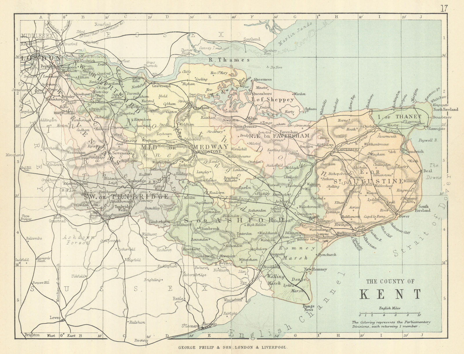KENT. Antique county map. Railways roads. Constituencies. PHILIP 1889 old