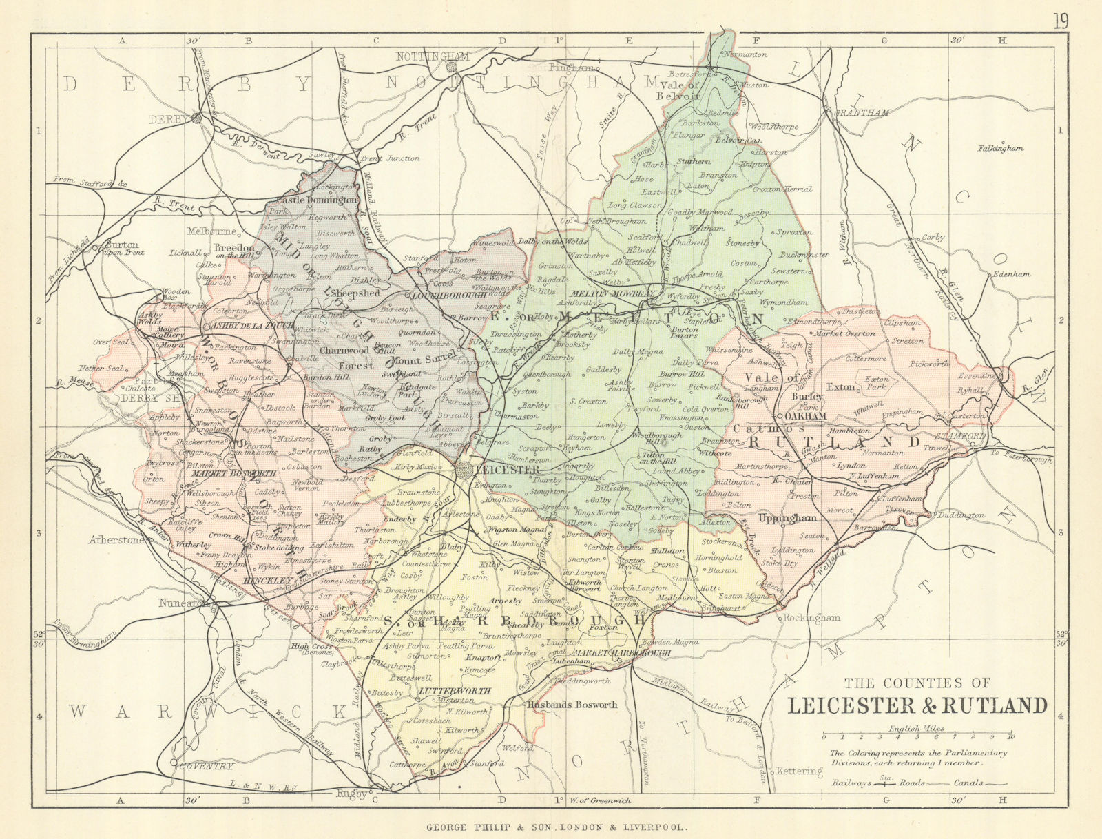 LEICESTERSHIRE & RUTLAND. Antique county map. Constituencies. PHILIP 1889
