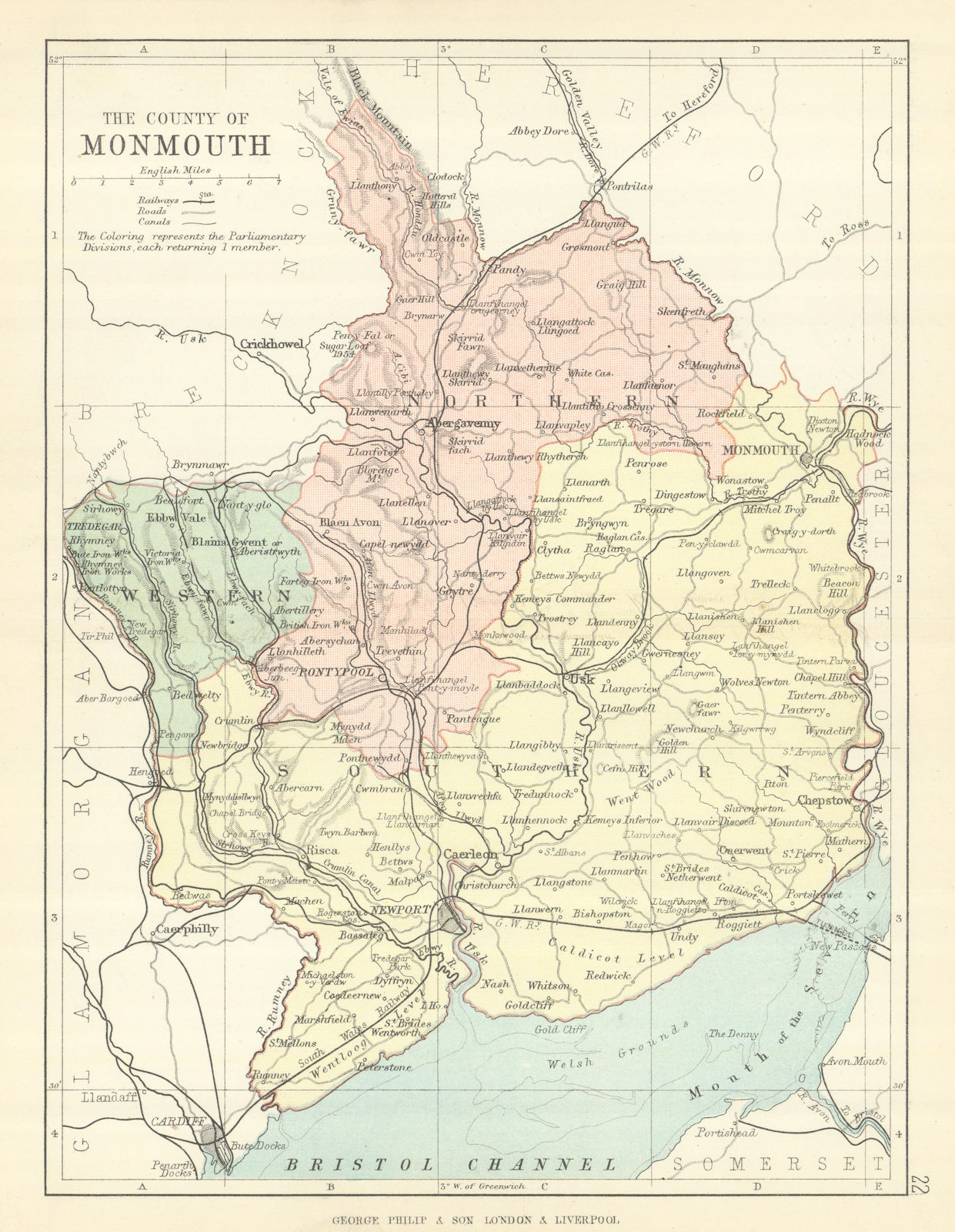 Associate Product MONMOUTHSHIRE. Antique county map. Railways roads canals. PHILIP 1889 old