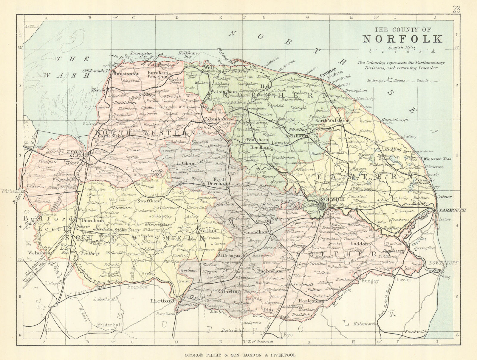 NORFOLK. Antique county map. Railways roads canals. Constituencies. PHILIP 1889