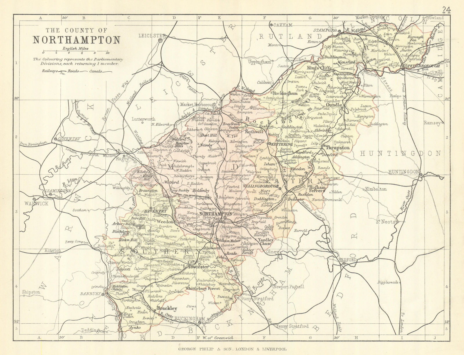 Associate Product NORTHAMPTONSHIRE. County map. Railways canals. Constituencies. PHILIP 1889