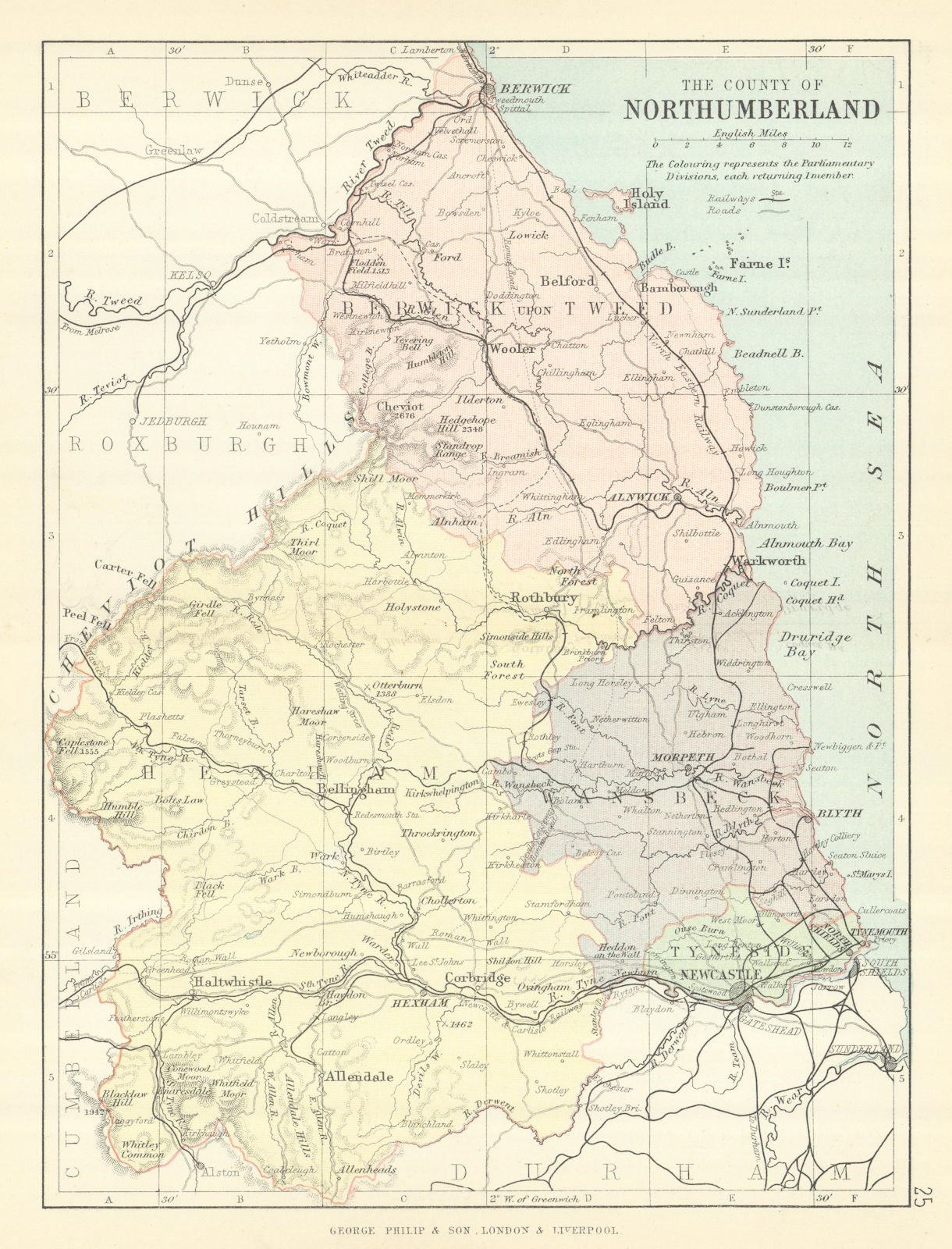NORTHUMBERLAND. Antique county map. Railways roads. Constituencies. PHILIP 1889