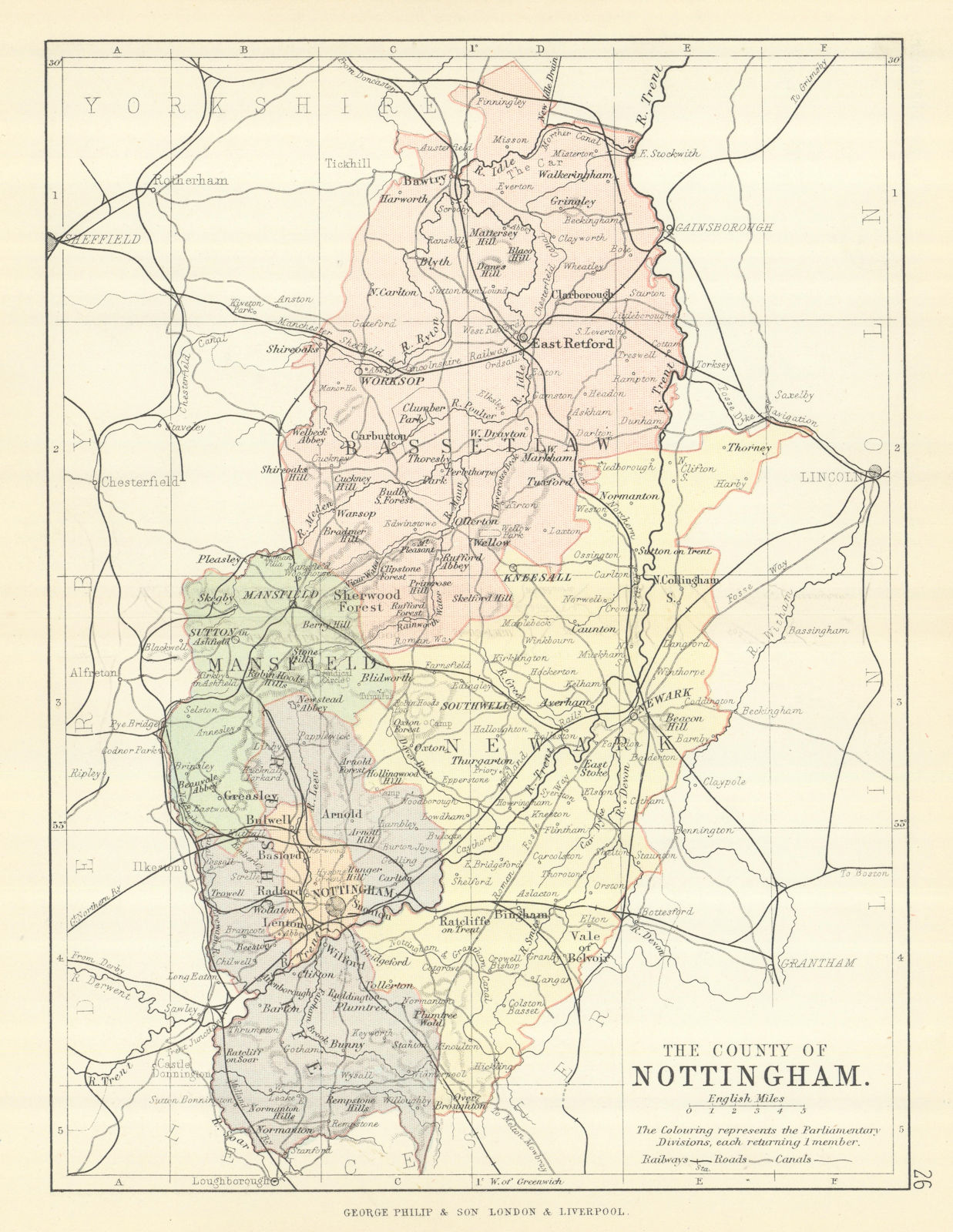 NOTTINGHAMSHIRE. County map. Railways canals. Constituencies. PHILIP 1889